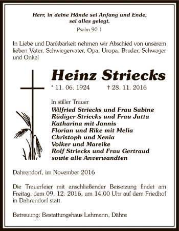 Traueranzeige von Heinz Striecks von Uelzen