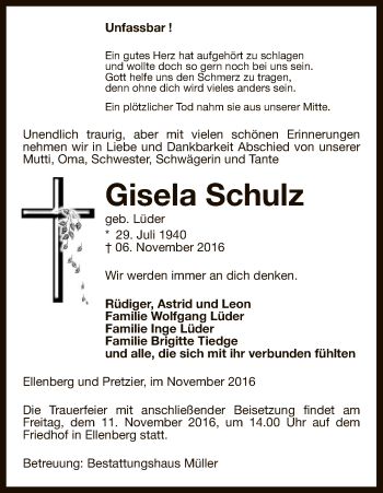 Traueranzeige von Gisela Schulz von Uelzen