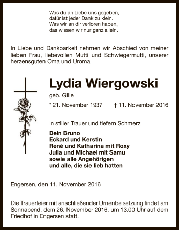 Traueranzeige von Lydia Wiergowski von Uelzen