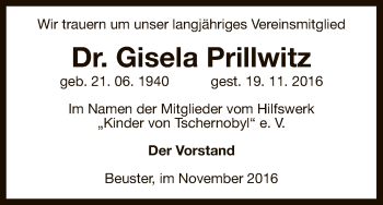 Traueranzeige von Gisela Prillwitz von Uelzen