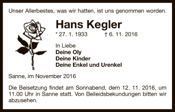 Traueranzeige von Hans Kegler von Uelzen