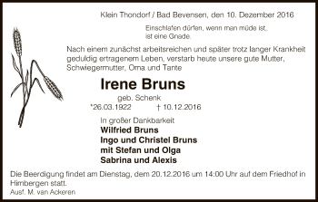 Traueranzeige von Irene Bruns von Uelzen