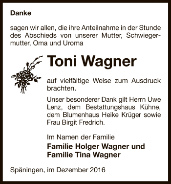 Traueranzeige von Toni Wagner von Uelzen