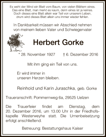 Traueranzeige von Herbert Gorke von Uelzen