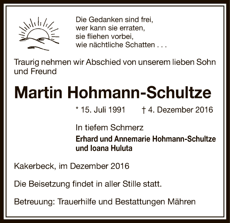  Traueranzeige für Martin Hohmann-Schultze vom 07.12.2016 aus Uelzen