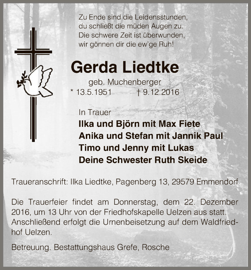  Traueranzeige für Gerda Liedtke vom 15.12.2016 aus Uelzen