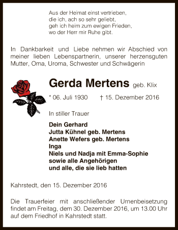 Traueranzeige von Gerda Mertens von Uelzen