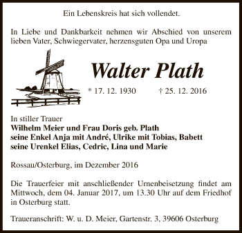 Traueranzeige von Walter Plath von Uelzen