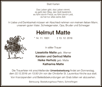 Traueranzeige von Helmut Matte von Uelzen