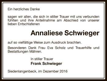 Traueranzeige von Annaliese Schwieger von Uelzen