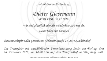 Traueranzeige von Dieter Giesemann von Uelzen