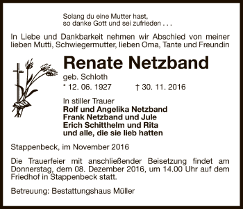 Traueranzeige von Renate Netzband von Uelzen