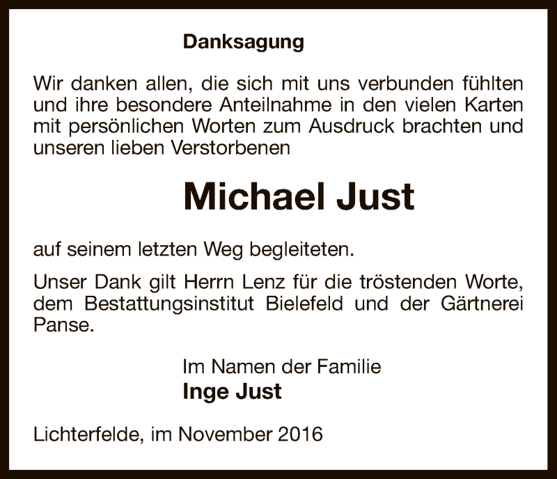  Traueranzeige für Michael Just vom 10.12.2016 aus Uelzen