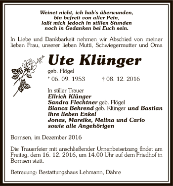 Traueranzeige von Ute Klünger von Uelzen