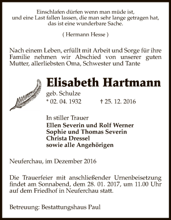 Traueranzeige von Elisabeth Hartmann von Uelzen