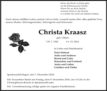 Traueranzeige von Christa Kraasz von Uelzen