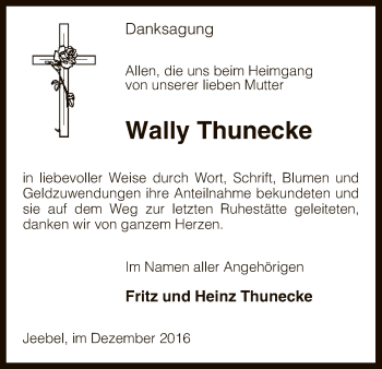 Traueranzeige von Wally Thunecke von Uelzen