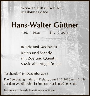 Traueranzeige von Hans-Walter Güttner von Uelzen