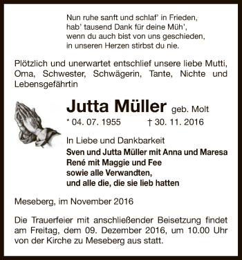 Traueranzeige von Jutta Müller von Uelzen