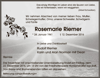 Traueranzeige von Rosemarie Riemer von Uelzen