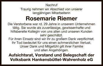 Traueranzeige von Rosemarie Riemer von Uelzen