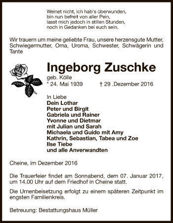 Traueranzeige von Ingeborg Zuschke von Uelzen