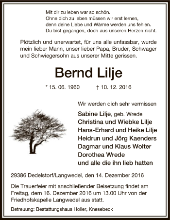 Traueranzeige von Bernd Lilje von Uelzen