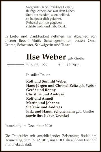 Traueranzeige von Ilse Weber von Uelzen