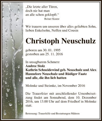 Traueranzeige von Christoph Neuschulz von Uelzen