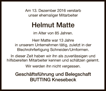 Traueranzeige von Helmut Matte von Uelzen