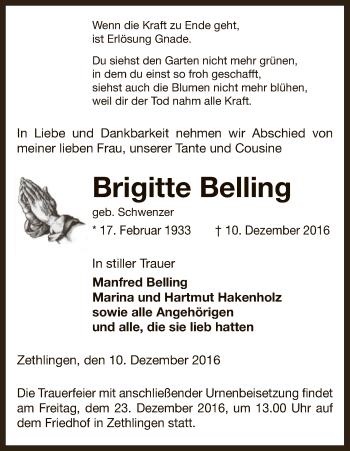 Traueranzeige von Brigitte Belling von Uelzen