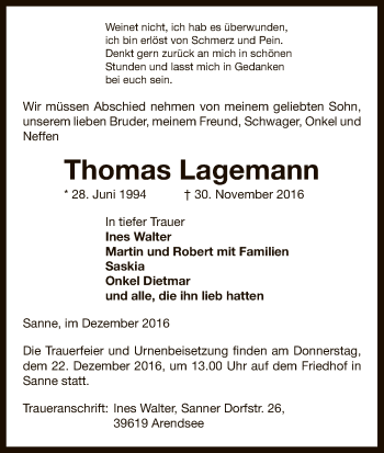 Traueranzeige von Thomas Lagemann von Uelzen