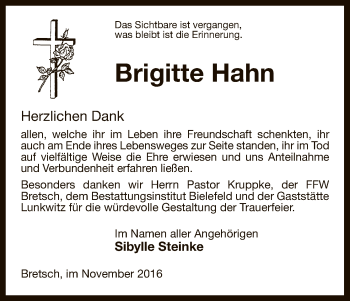 Traueranzeige von Brigitte Hahn von Uelzen