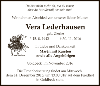 Traueranzeige von Vera Lederhausen von Uelzen