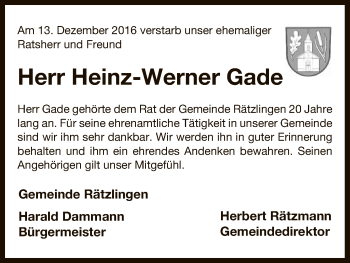 Traueranzeige von Heinz-Werner Gade von Uelzen