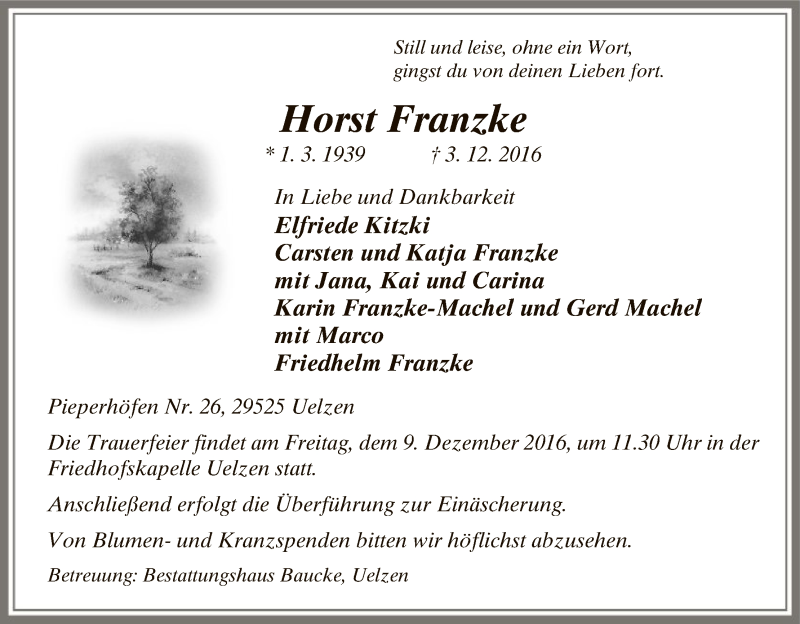  Traueranzeige für Horst Franzke vom 06.12.2016 aus Uelzen