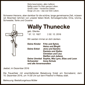 Traueranzeige von Wally Thunecke von Uelzen