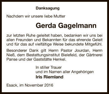 Traueranzeige von Gerda Gagelmann von Uelzen