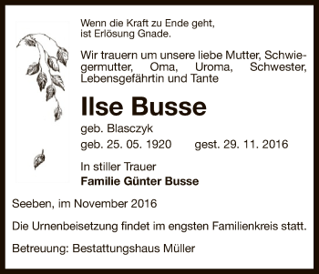 Traueranzeige von Ilse Busse von Uelzen