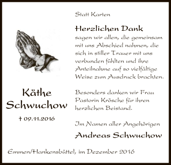 Traueranzeige von Käthe Schwuchow von Uelzen