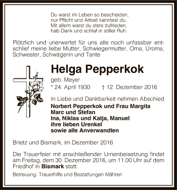 Traueranzeige von Helga Pepperkok von Uelzen