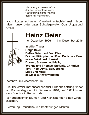 Traueranzeige von Heinz Beier von Uelzen