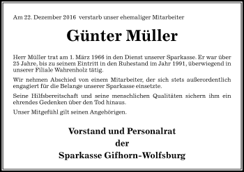 Traueranzeige von Günter Müller von Uelzen