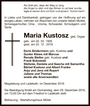 Traueranzeige von Maria Kustosz von Uelzen