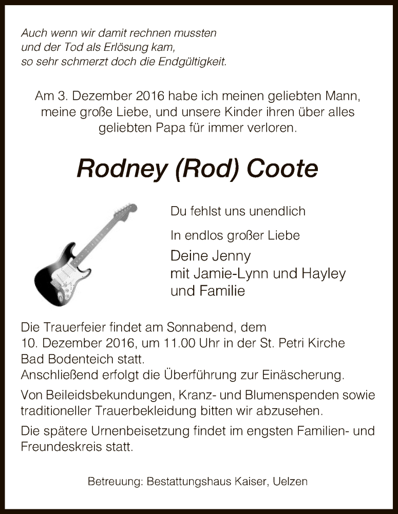  Traueranzeige für Rodney Coote vom 06.12.2016 aus Uelzen