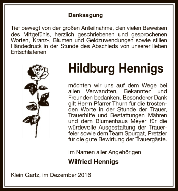 Traueranzeige von Hildburg Hennigs von Uelzen