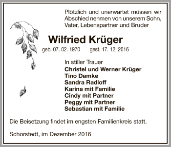 Traueranzeige von Wilfried Krüger von Uelzen