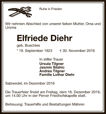 Traueranzeige von Elfriede Diehr von Uelzen