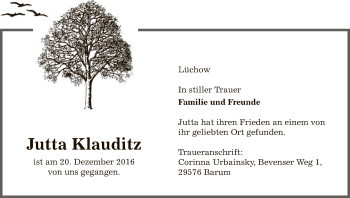 Traueranzeige von Jutta Klauditz von Uelzen