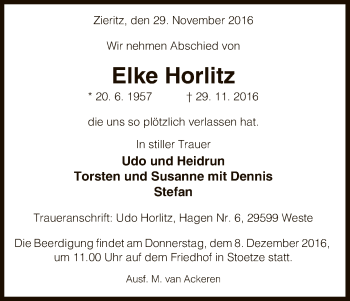 Traueranzeige von Horlitz Elke von Uelzen